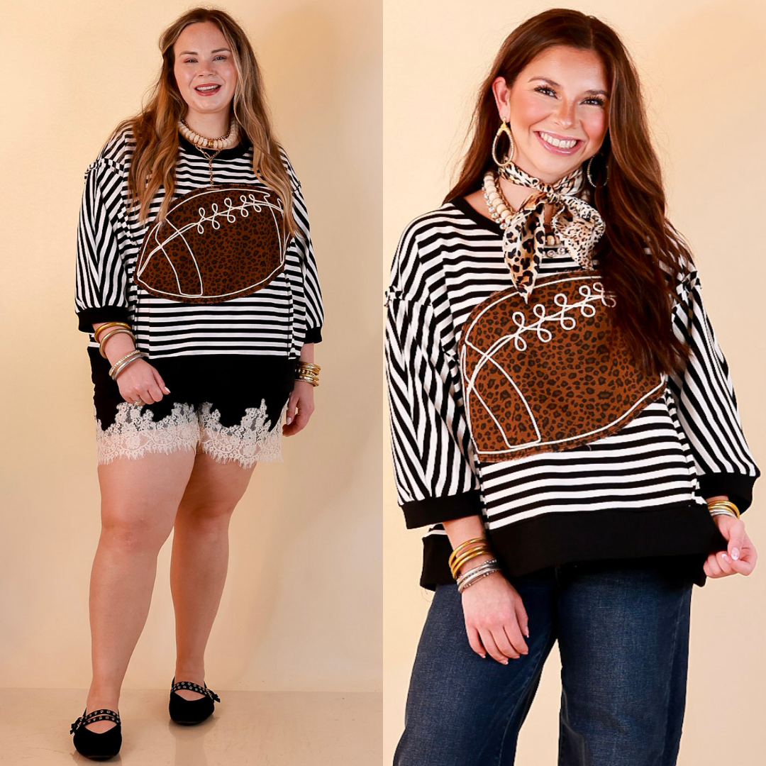 Put Me In, Coach Leopard Football Appliqué Oversized Graphic Striped Top in Black and Ivory