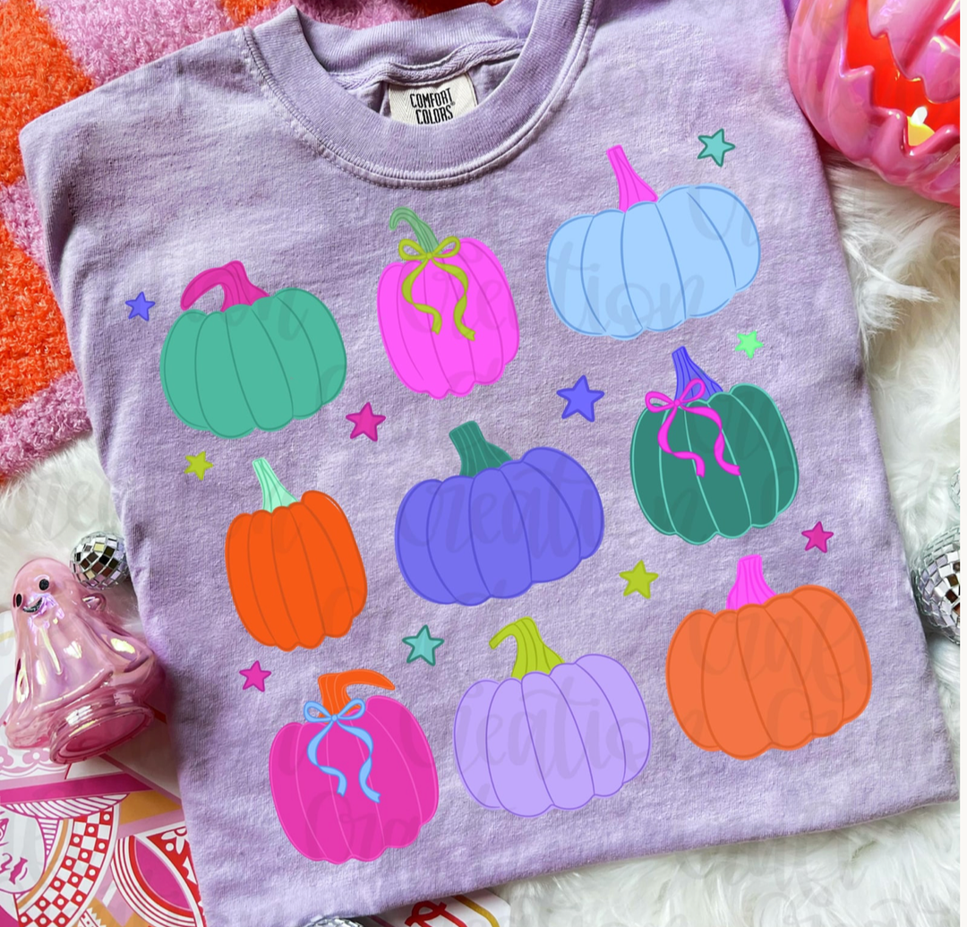 Custom Made to Order | Preppy and Bright Pumpkins Graphic Tee or Sweatshirt in Multiple Printing Options on Purple