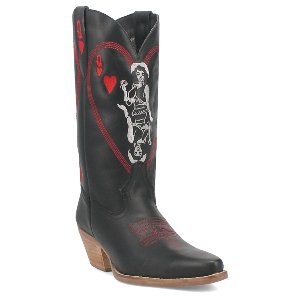 A 12 inch shaft black leather boot made for all the card players! On the front shaft is a cowgirl surrounded by a red heart and the Q from your traditional playing cards. The toe also has the classic boot stitching in red and all 4 of the playing card symbols! Diamond, spade, heart and club.
