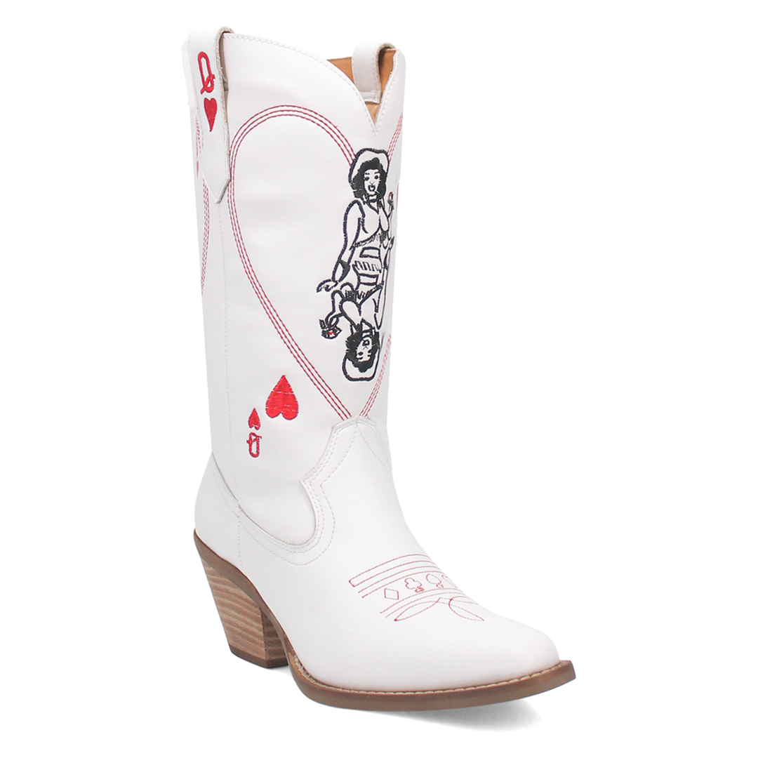 A 12 inch shaft white leather boot made for all the card players! On the front shaft is a cowgirl surrounded by a red heart and the Q from your traditional playing cards. The toe also has the classic boot stitching in red and all 4 of the playing card symbols! Diamond, spade, heart and club.