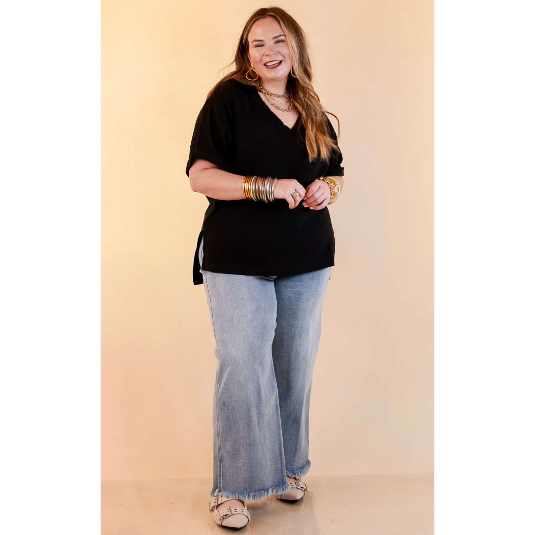 Quite Appropriate Short Sleeve Collared V Neck Linen Top with Rolled Sleeve Detail in Black