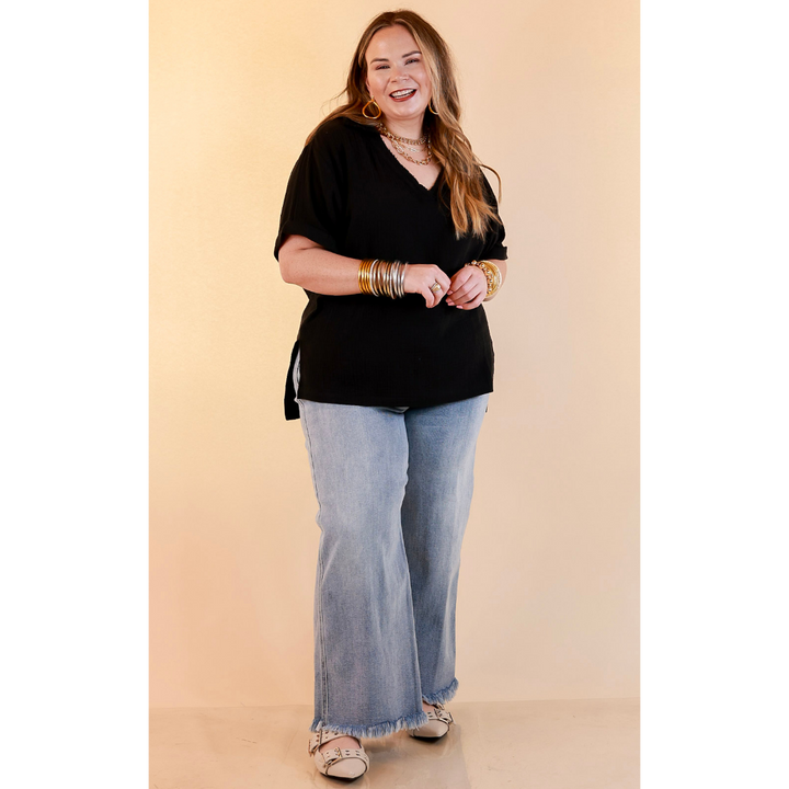 Quite Appropriate Short Sleeve Collared V Neck Linen Top with Rolled Sleeve Detail in Black