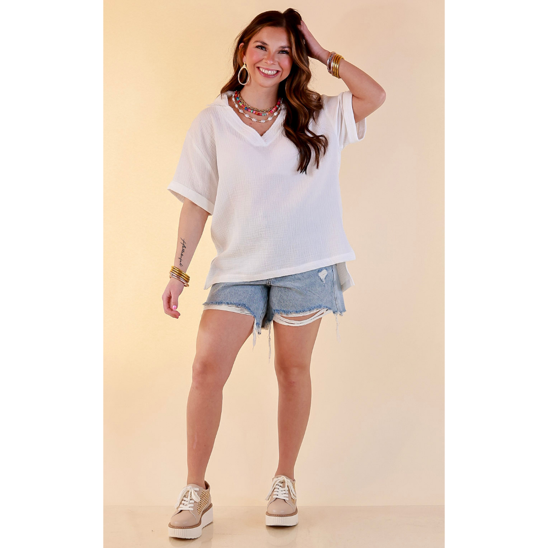Quite Appropriate Short Sleeve Collared V Neck Linen Top with Rolled Sleeve Detail in White
