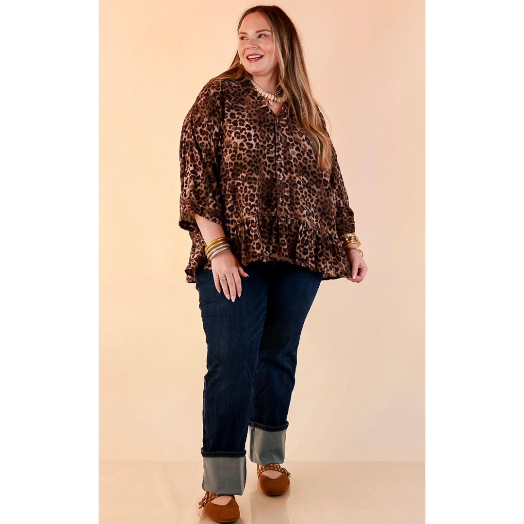 Quite the Impression Collared Button Front Leopard Print Peplum Top in Brown Multi
