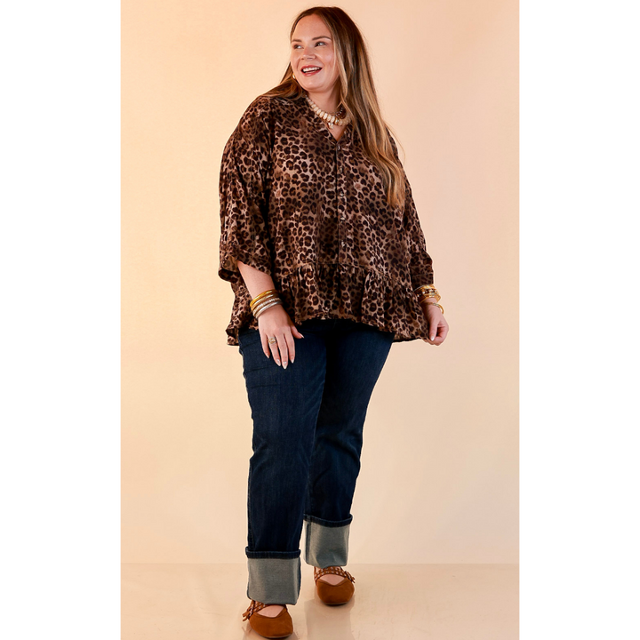 Quite the Impression Collared Button Front Leopard Print Peplum Top in Brown Multi