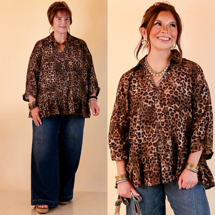 Quite the Impression Collared Button Front Leopard Print Peplum Top in Brown Multi