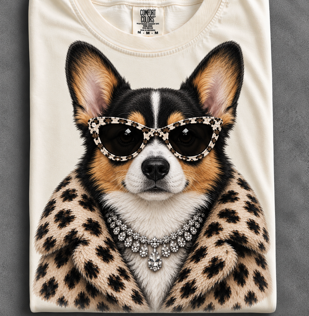 Custom Made to Order | Fur Coat Energy Black and Brown Corgi Faux Jewelry Printed Graphic Design Tee or Sweatshirt in Multiple Printing Options on Ivory