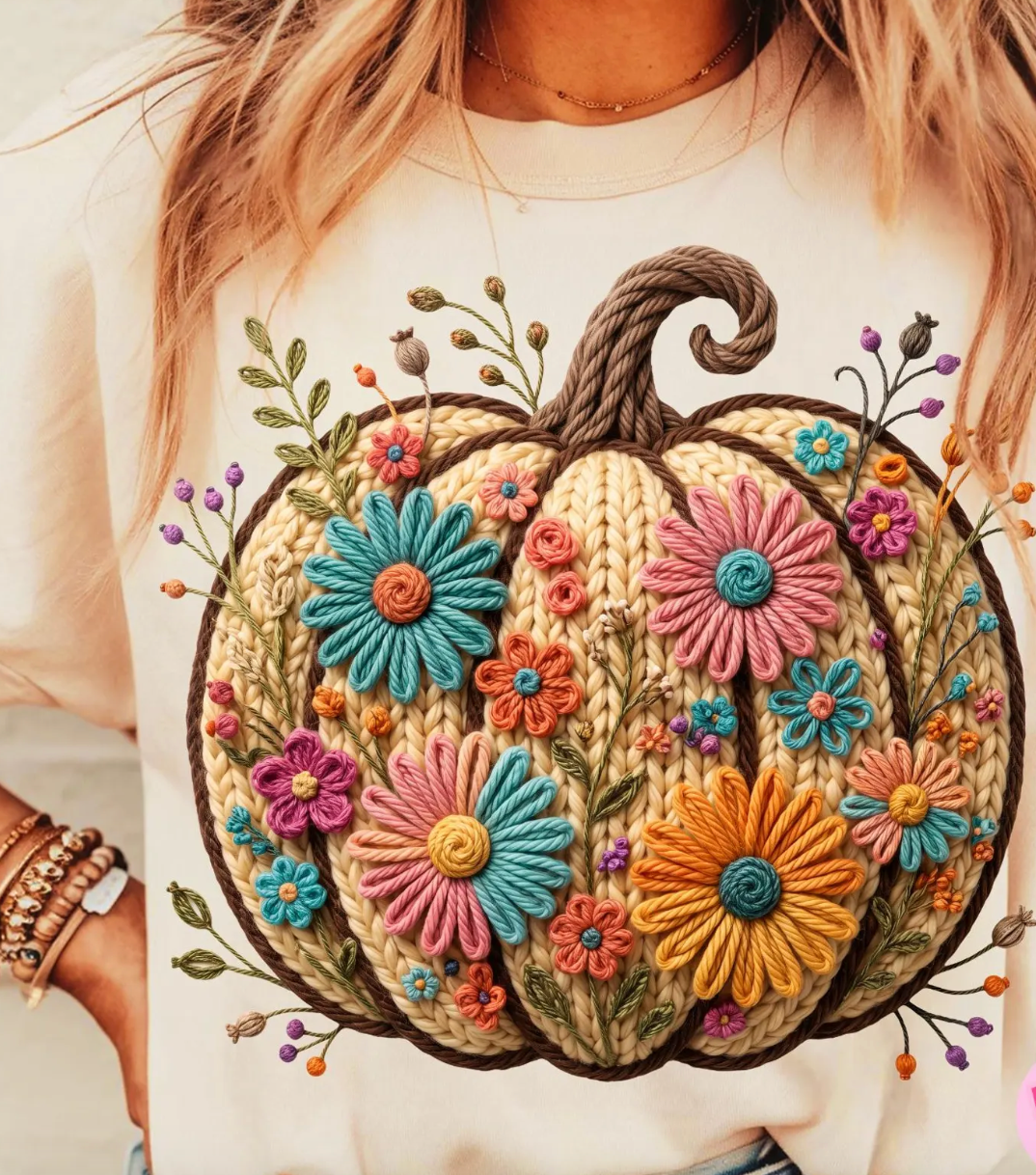 Custom Made to Order | Faux Yarn Floral Pumpkin Graphic Tee or Sweatshirt in Multiple Printing Options on Ivory
