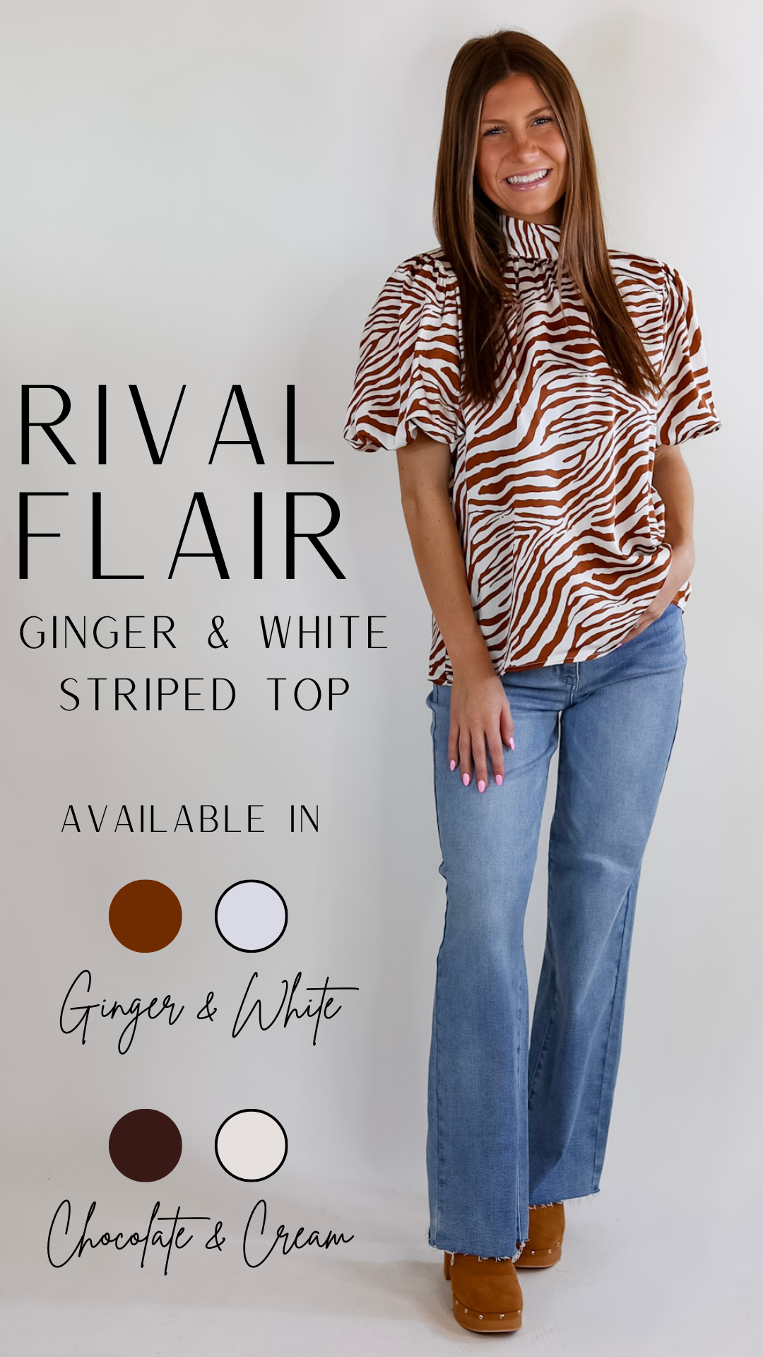 Rival Flair Zebra Print Top with Mock Neck in Ginger and White - Giddy Up Glamour Boutique