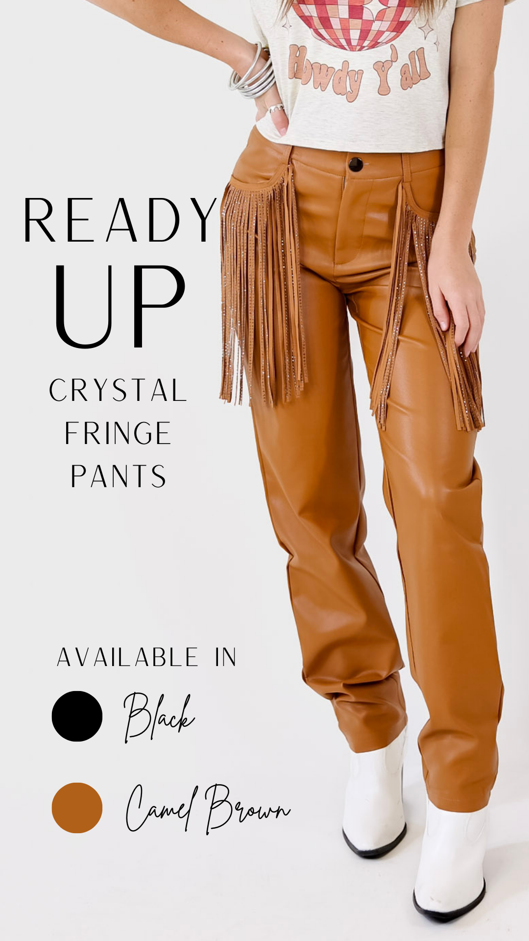 Ready Up Crystal Fringe Faux Leather Pants in Camel Brown