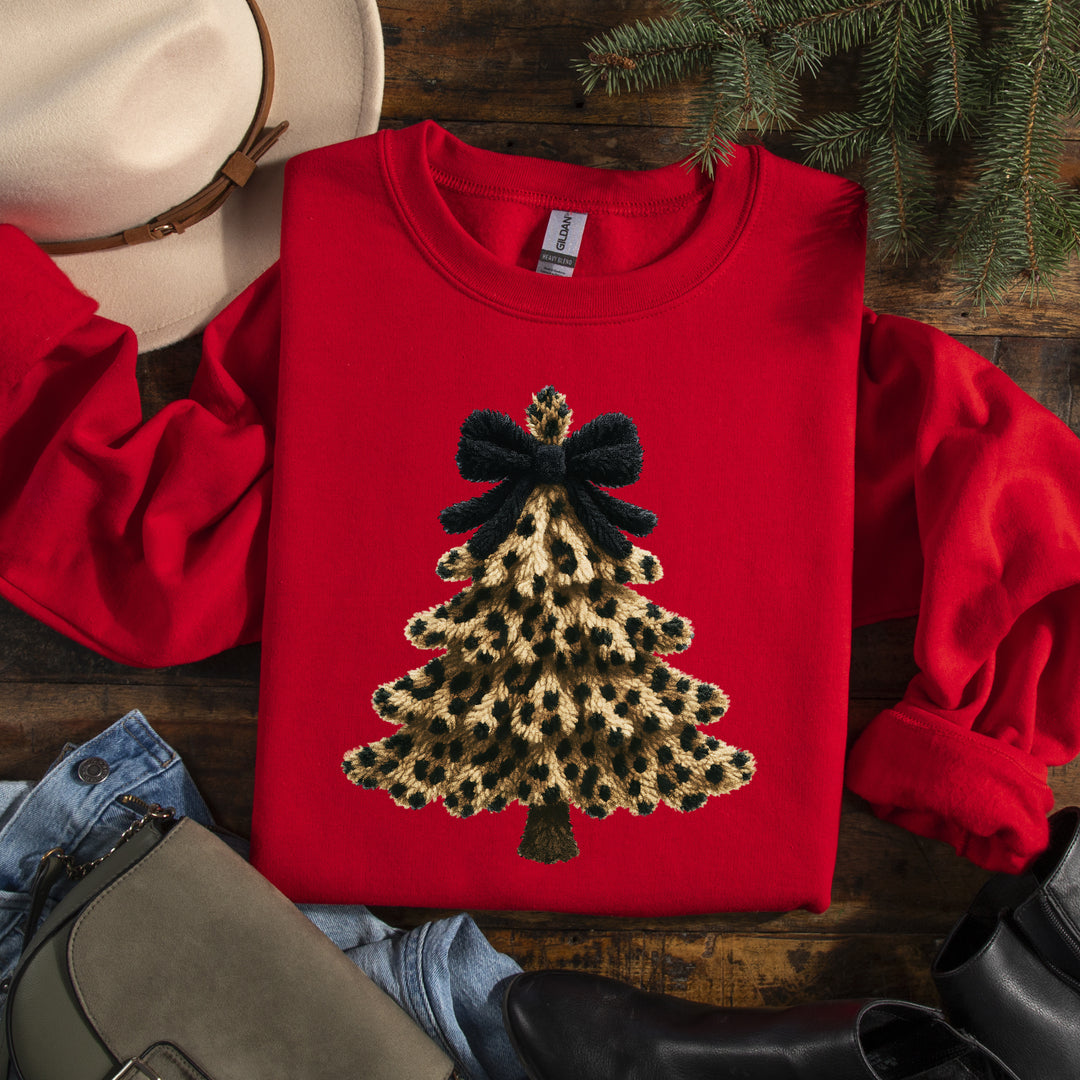 Online Exclusive | Leopard Tree Faux Yarn Christmas Graphic on Tee and Sweatshirt in Multiple Color Options