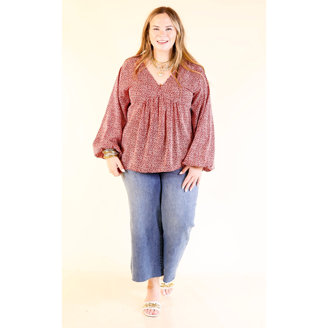 Really Dreamy Small Leopard Print Babydoll Top with Long Sleeves in Burgundy Red