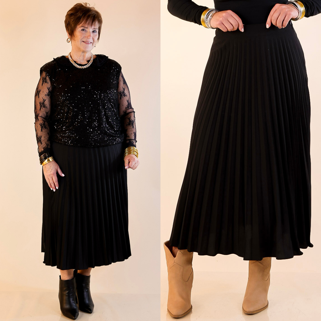 Models are wearing a black pleated midi skirt against a plain background