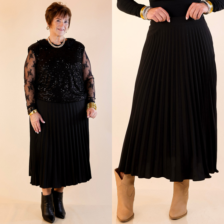Models are wearing a black pleated midi skirt against a plain background