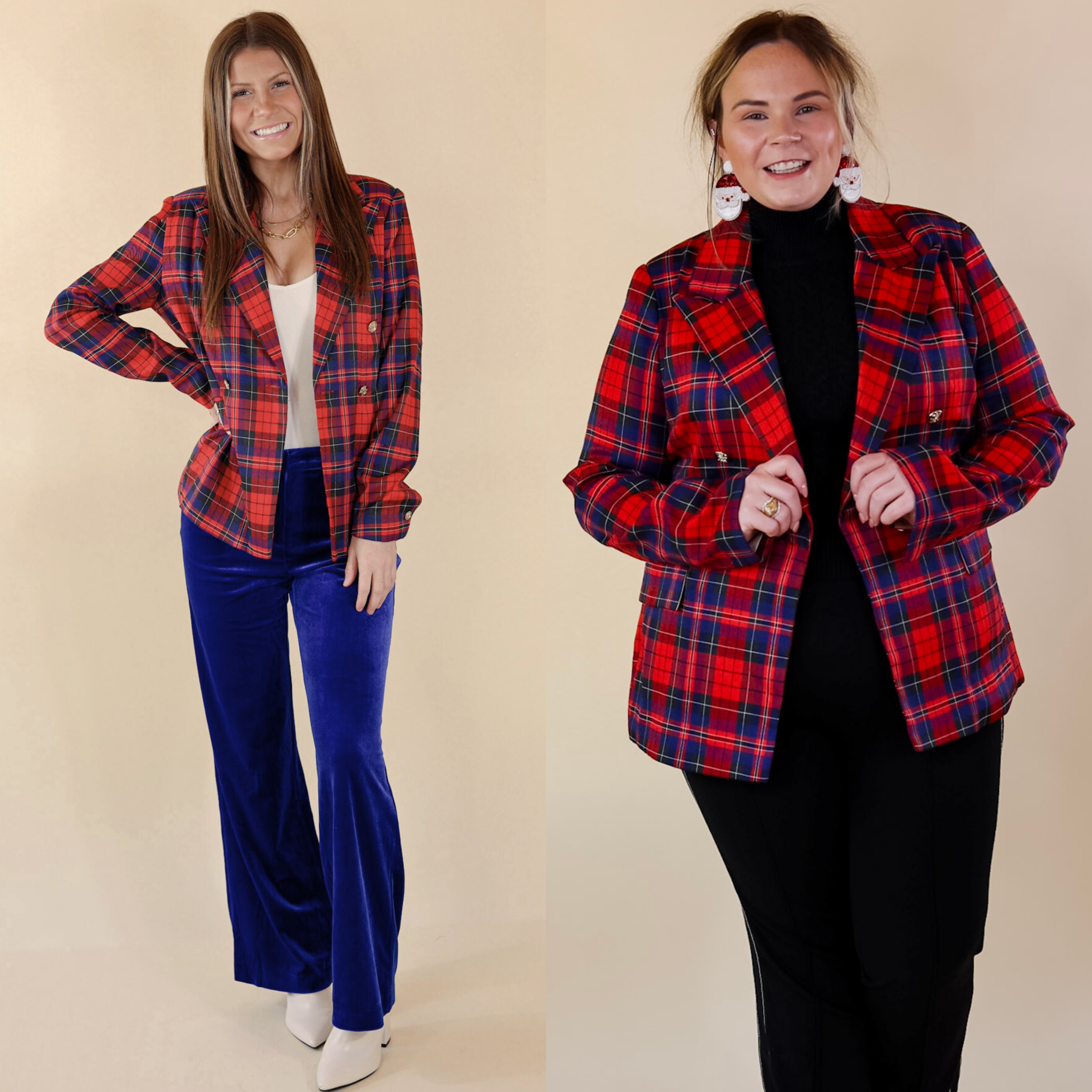 Model is wearing a red and blue plaid blazer with gold buttons. Model has this blazer paired with blue velvet pants, white booties, and gold jewelry