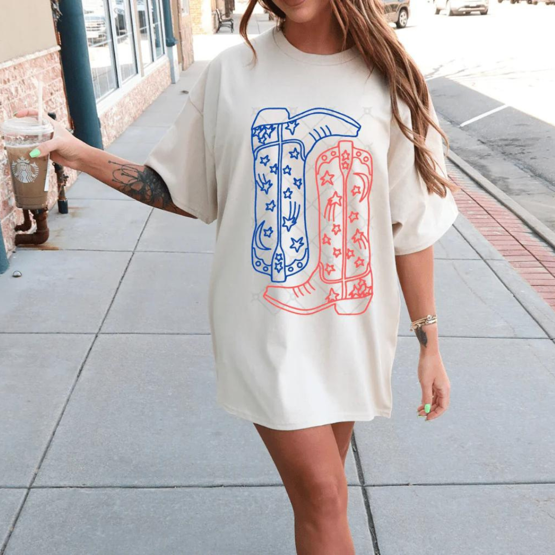 Online Exclusive | Red, White and Bootsie Short Sleeve Graphic Tee in Cream - Giddy Up Glamour Boutique