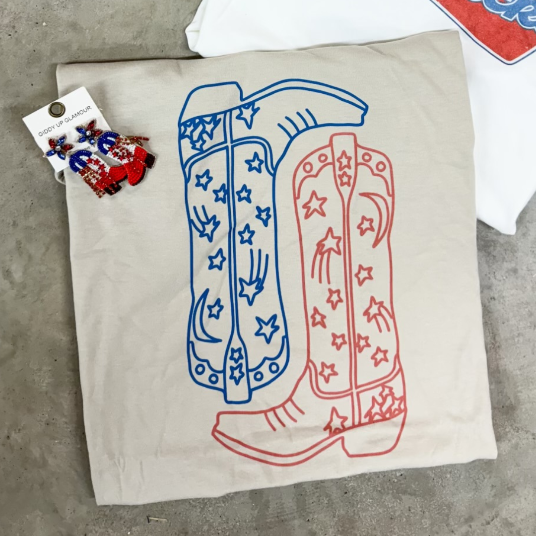 Online Exclusive | Red, White and Bootsie Short Sleeve Graphic Tee in Cream - Giddy Up Glamour Boutique