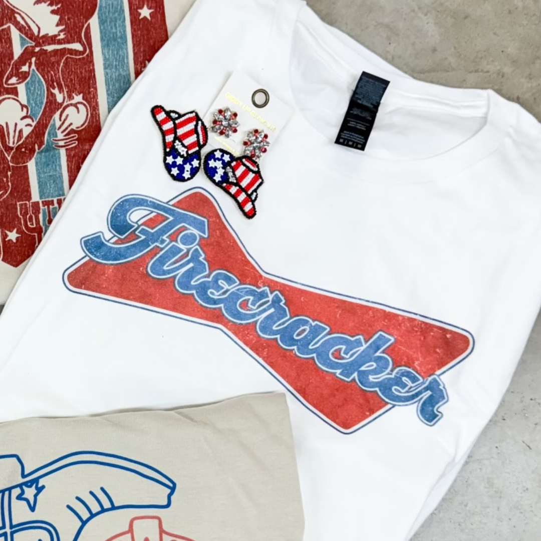 Online Exclusive | Firecracker Short Sleeve Graphic Tee in White - Giddy Up Glamour Boutique