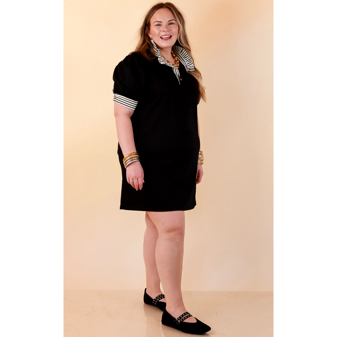 Refined Edge Short Puff Sleeve Dress with Ruffled Stripe Collar and Trim in Black