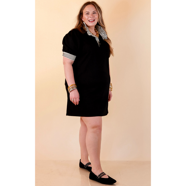 Refined Edge Short Puff Sleeve Dress with Ruffled Stripe Collar and Trim in Black