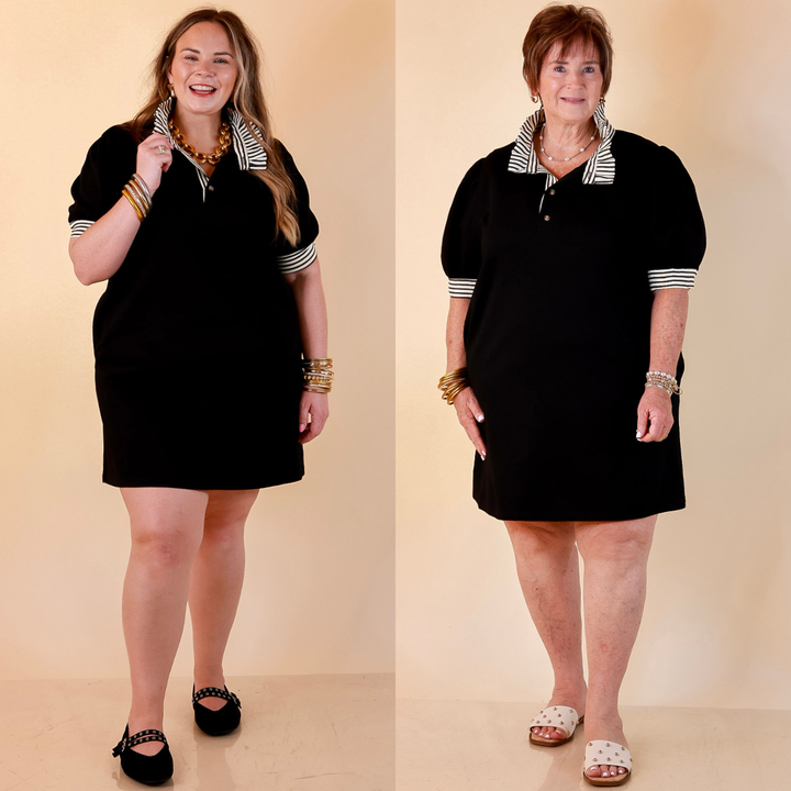 Refined Edge Short Puff Sleeve Dress with Ruffled Stripe Collar and Trim in Black