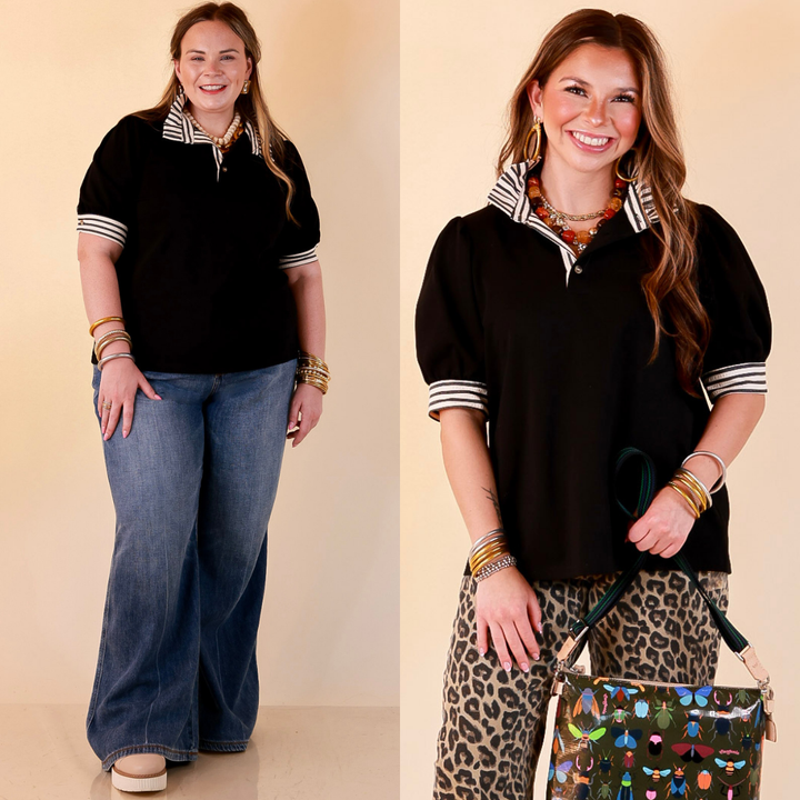 Refined Edge Short Puff Sleeve Top with Striped Collar in Black
