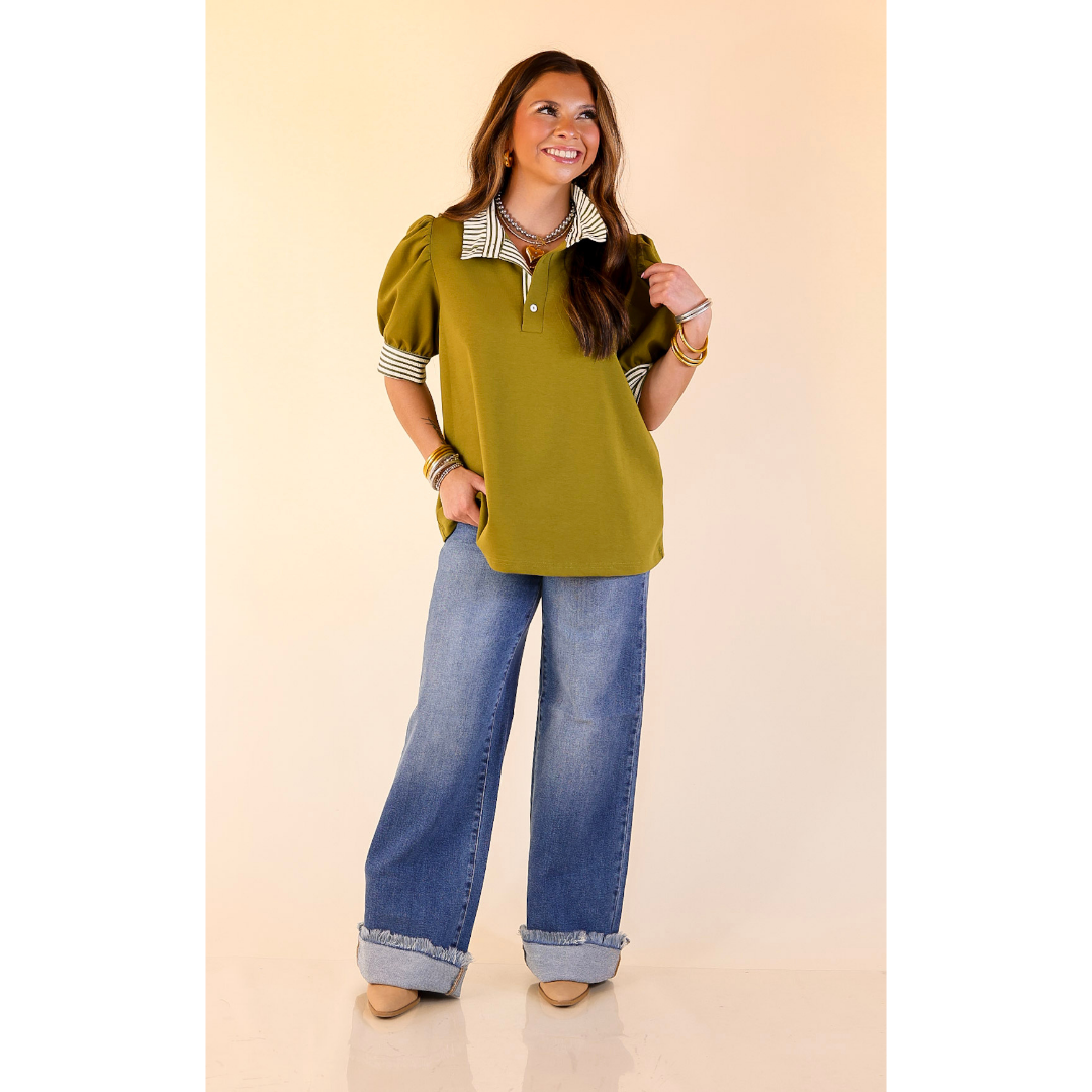 Refined Edge Short Puff Sleeve Top with Striped Collar in Olive Green