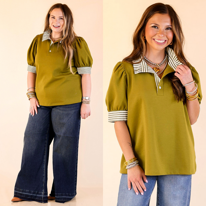 Two images of a woman wearing a olive green blouse with striped collar against a beige background.