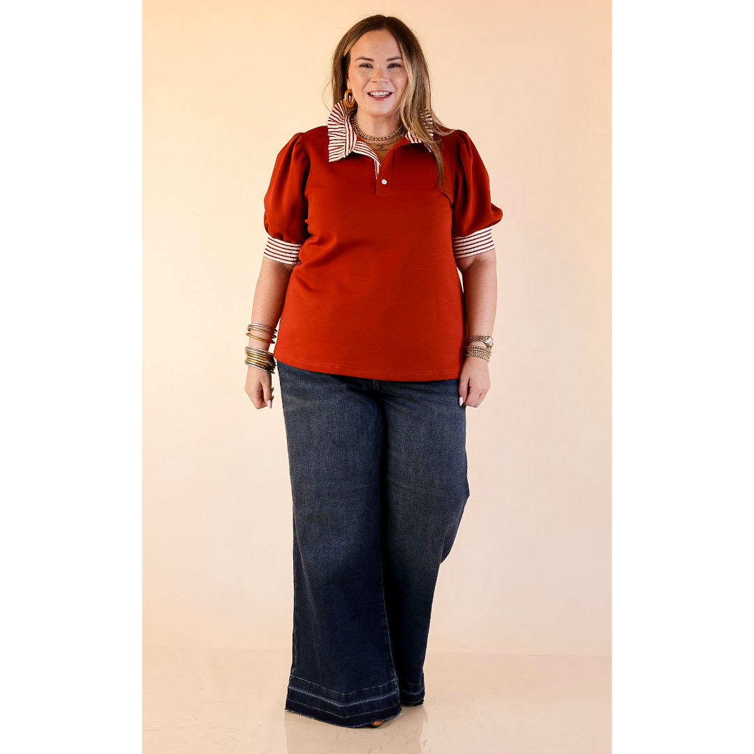Refined Edge Short Puff Sleeve Top with Striped Collar in Rust Orange