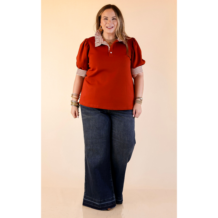 Refined Edge Short Puff Sleeve Top with Striped Collar in Rust Orange