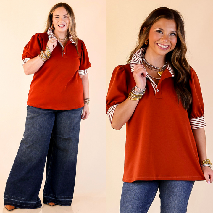 Two images of a woman wearing a rust orange blouse with striped collar against a beige background.