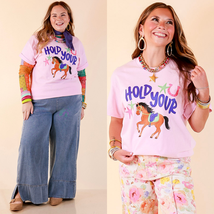 Rein It In "Hold Your Horses" Short Sleeve Graphic Tee in Light Pink