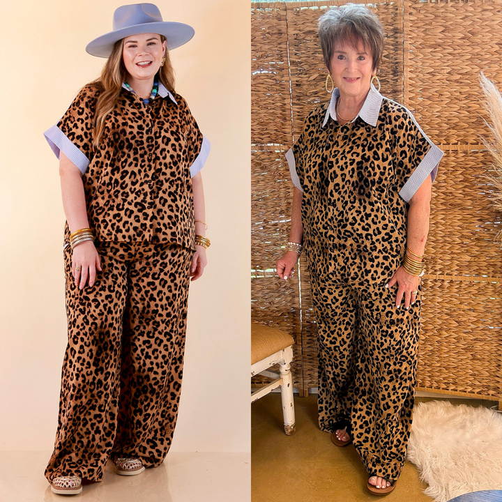 Relaxed Refinement Blue Stripe Detail Button Front Collared Top with Matching Wide Leg Pants Set in Leopard Print