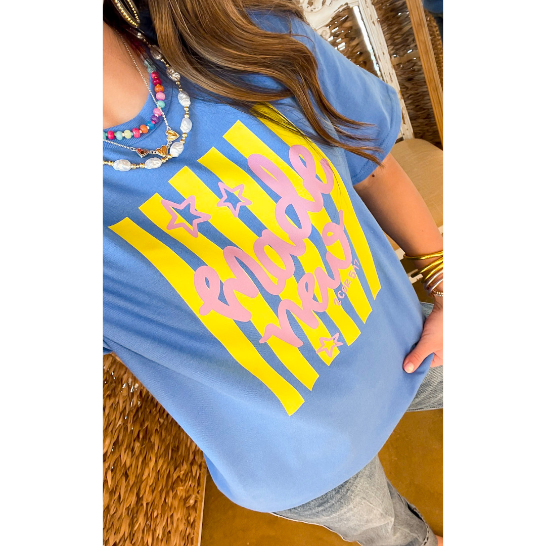 Renewed in Faith "Made New" 2 Cor 5:17 Stripe Print Short Sleeve Graphic Tee in Blue