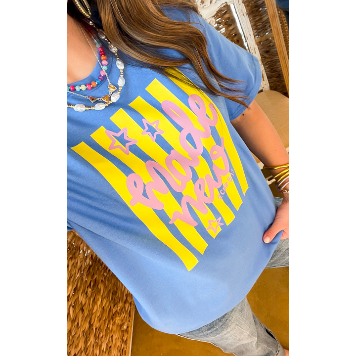 Renewed in Faith "Made New" 2 Cor 5:17 Stripe Print Short Sleeve Graphic Tee in Blue