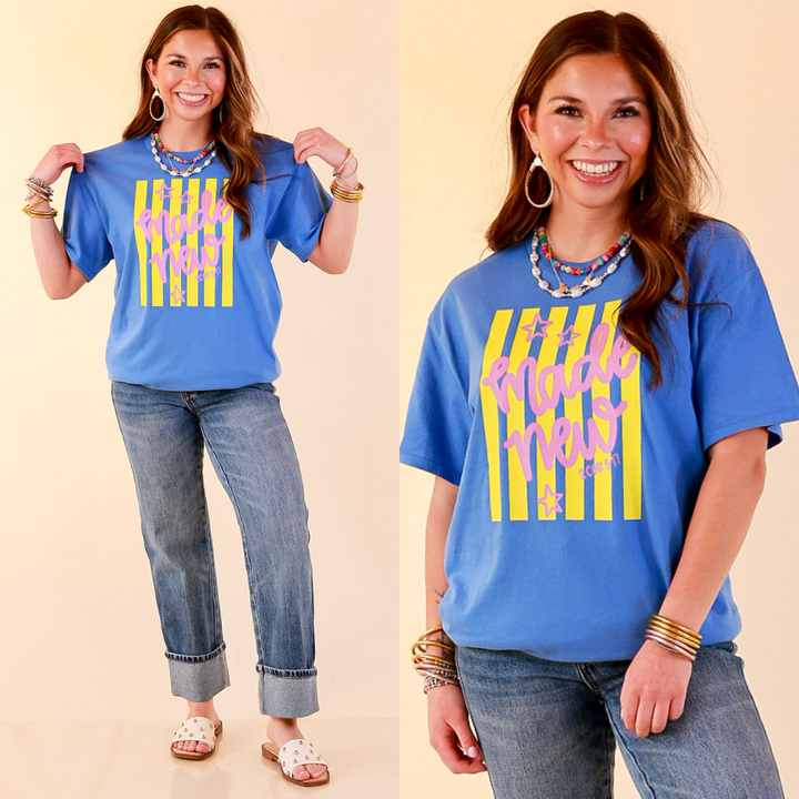 Renewed in Faith "Made New" 2 Cor 5:17 Stripe Print Short Sleeve Graphic Tee in Blue