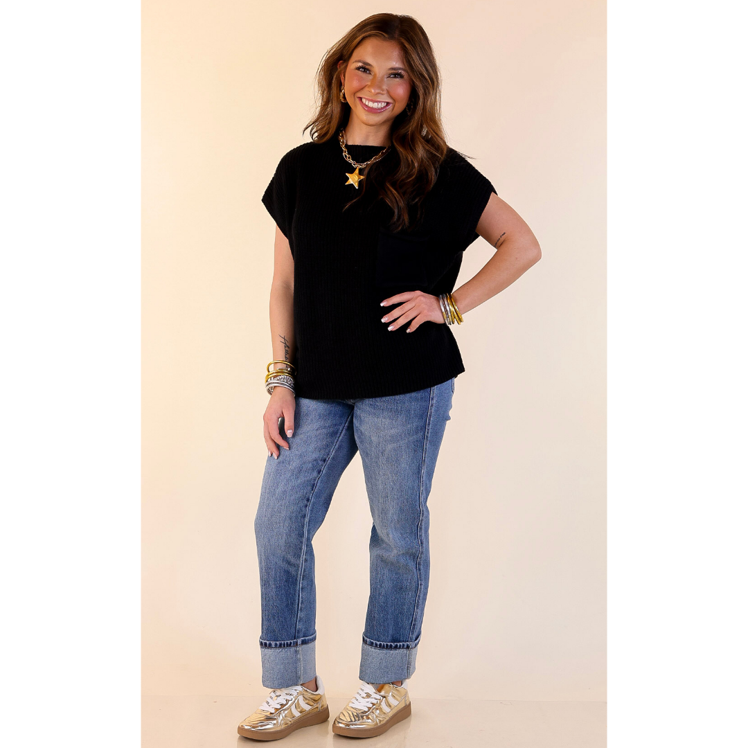 Repeat Ready Cap Sleeve Sweater with Front Pocket in Black