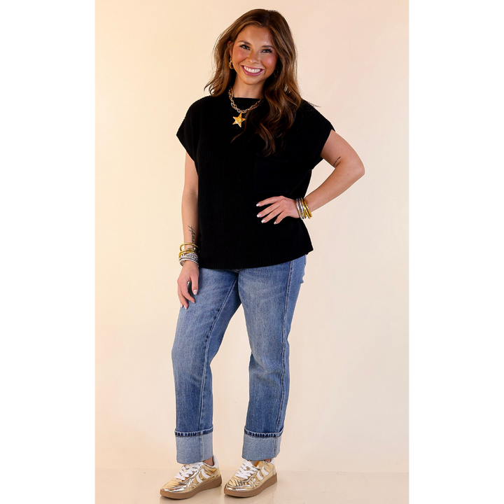 Repeat Ready Cap Sleeve Sweater with Front Pocket in Black