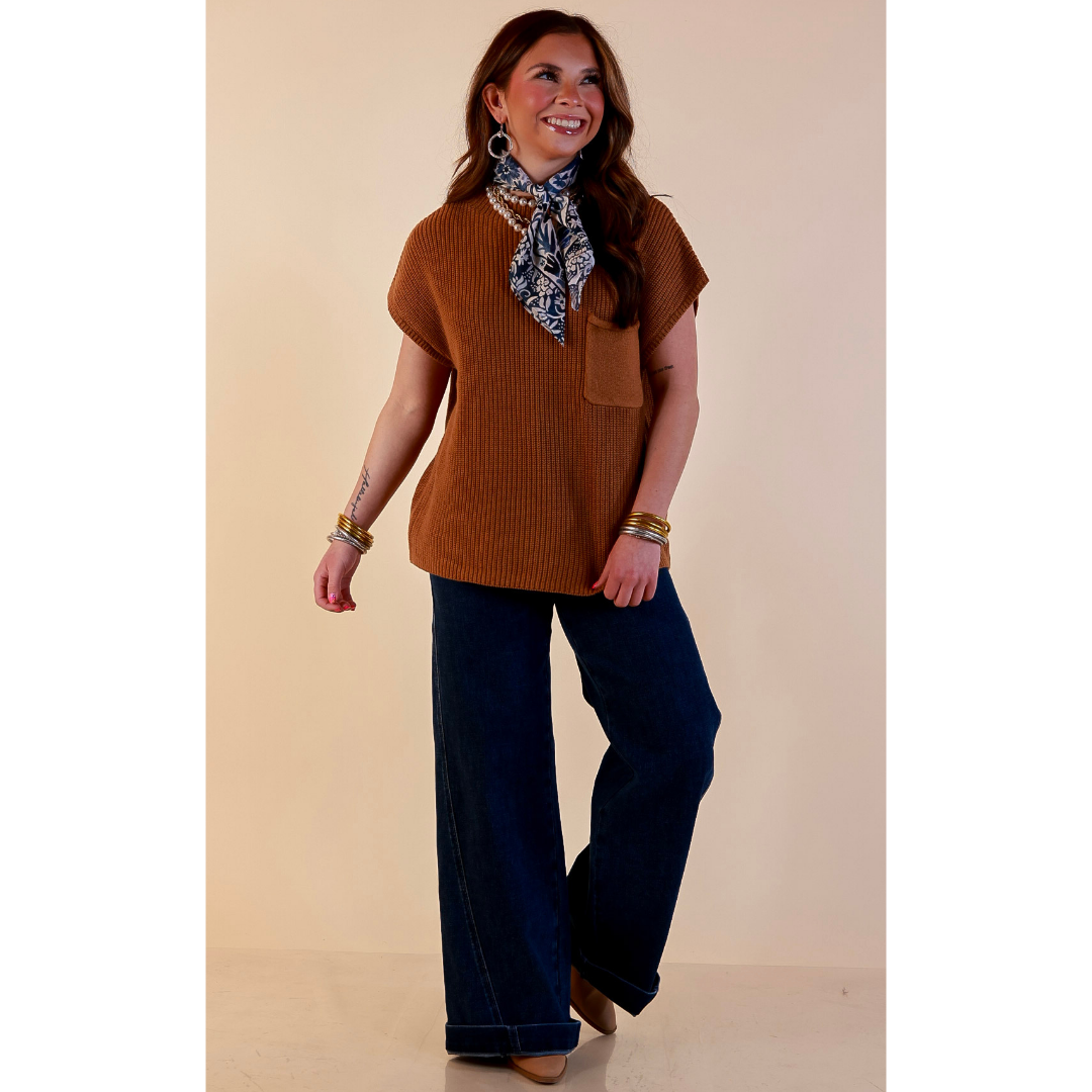 Repeat Ready Cap Sleeve Sweater with Front Pocket in Camel Brown