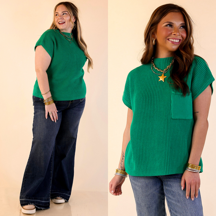 Models wearing Cap Sleeve Sweater with Front Pocket in Kelly Green paired with jeans, on a beige background.