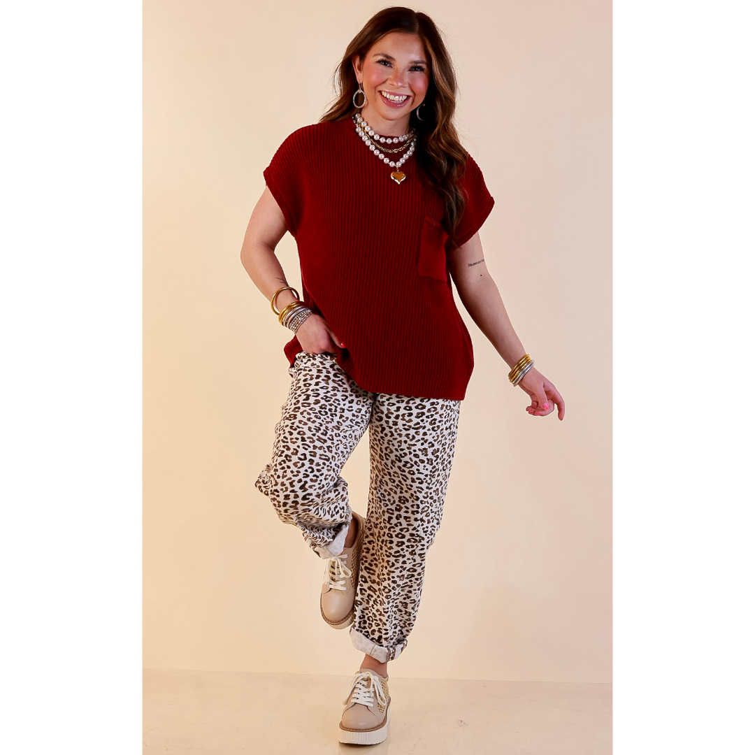 Repeat Ready Cap Sleeve Sweater with Front Pocket in Maroon