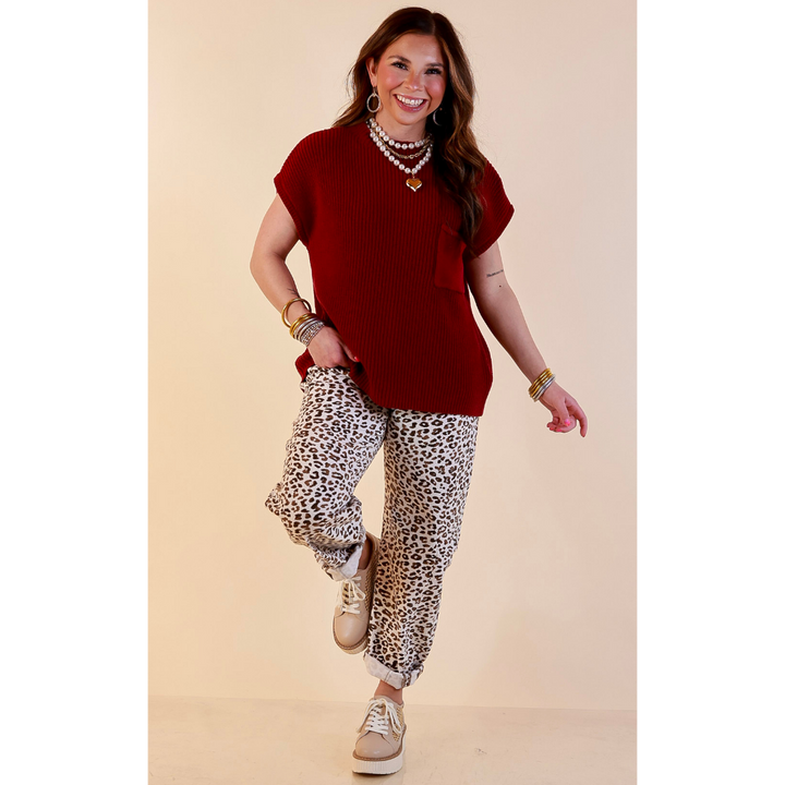 Repeat Ready Cap Sleeve Sweater with Front Pocket in Maroon