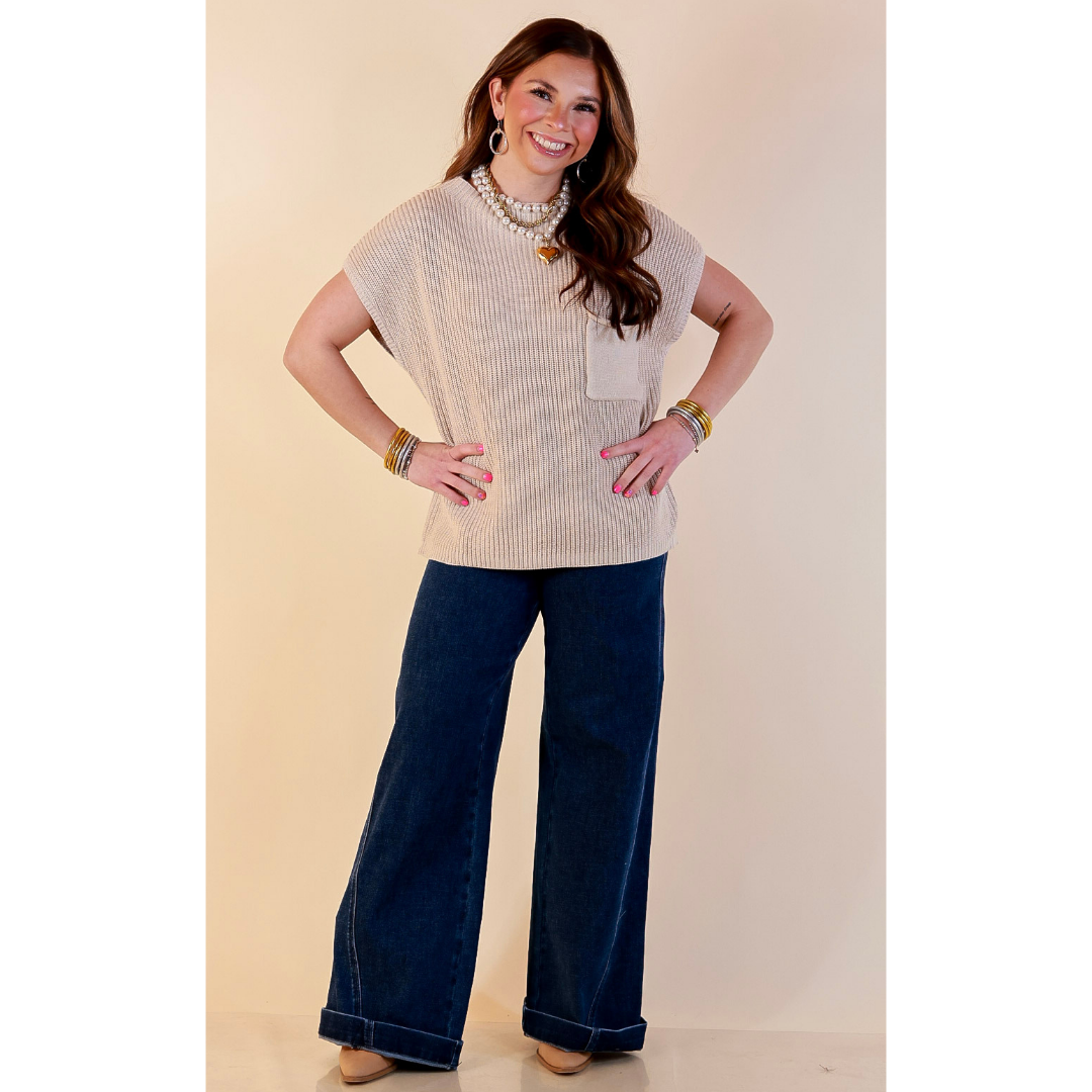 Repeat Ready Cap Sleeve Sweater with Front Pocket in Natural Beige