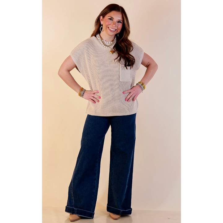 Repeat Ready Cap Sleeve Sweater with Front Pocket in Natural Beige