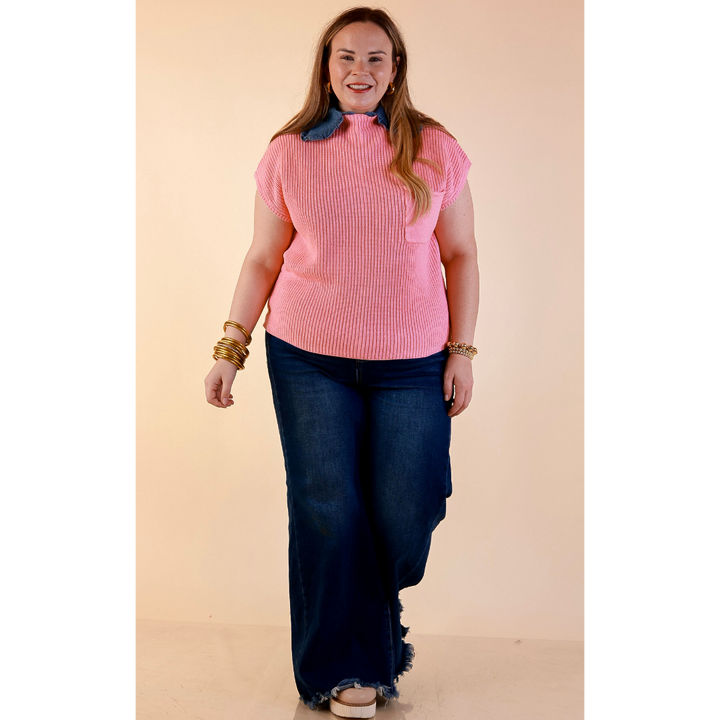 Repeat Ready Cap Sleeve Sweater with Front Pocket in Pink