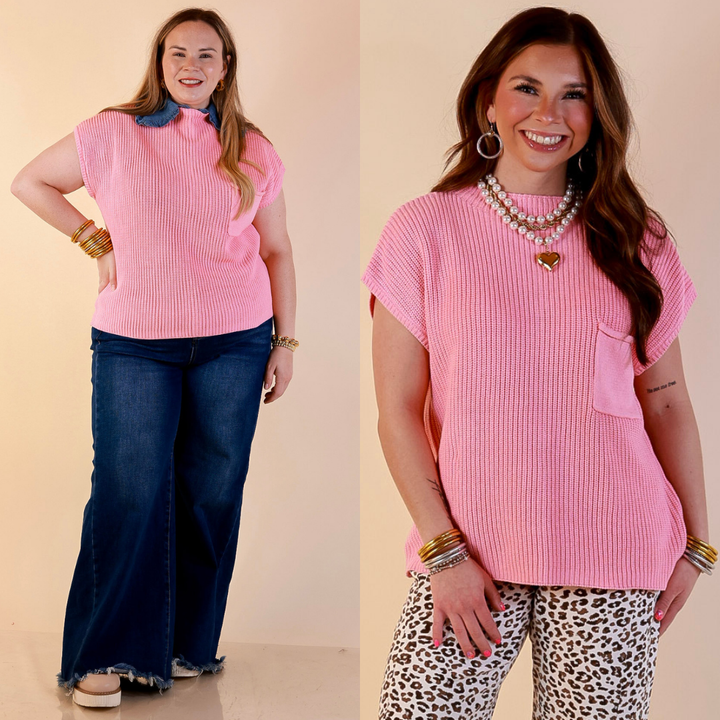 Models are wearing Cap Sleeve Sweater with Front Pocket in Pink with Jeans against a beige backdrop. 