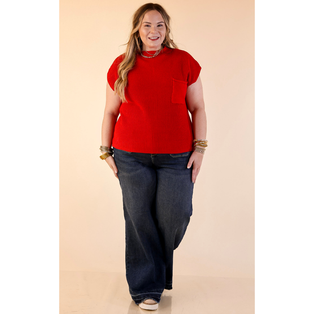 Repeat Ready Cap Sleeve Sweater with Front Pocket in Red