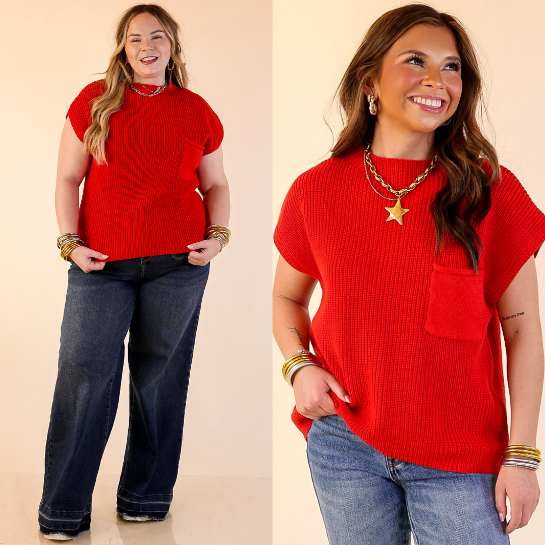 Models are wearing Cap Sleeve Sweaters with Front Pocket in Red on a beige background