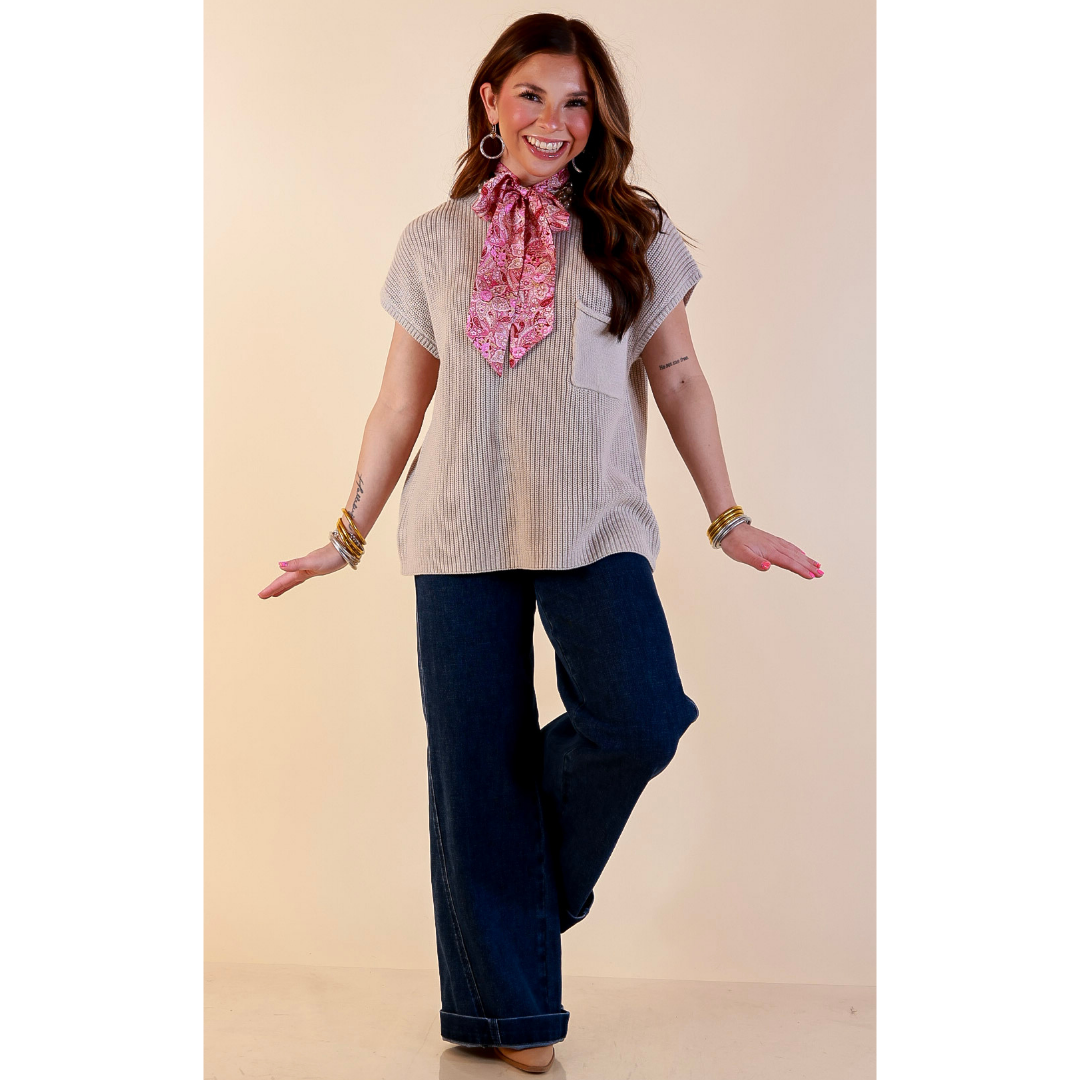 Repeat Ready Cap Sleeve Sweater with Front Pocket in Stone Beige