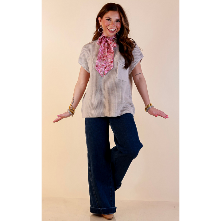 Repeat Ready Cap Sleeve Sweater with Front Pocket in Stone Beige